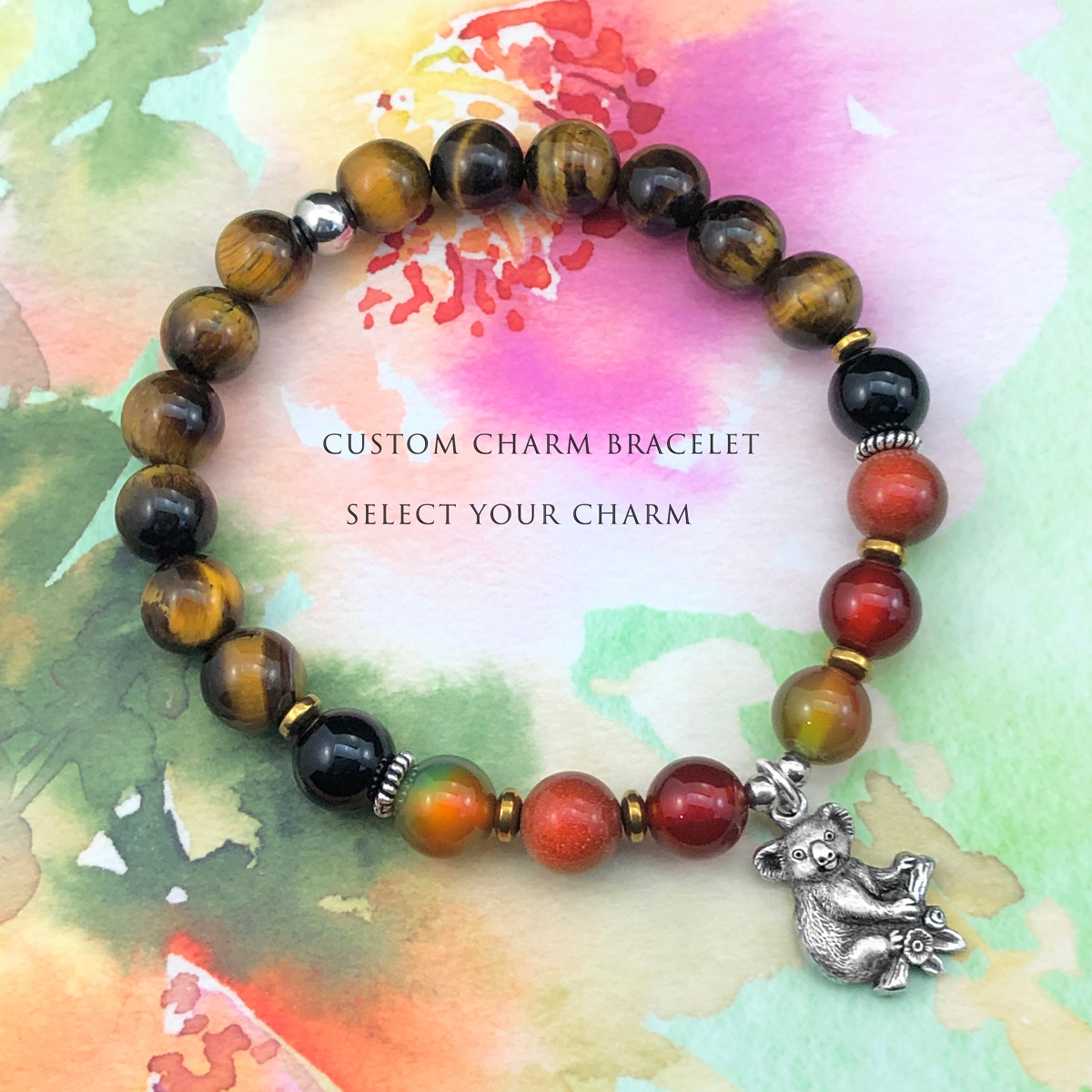 Tiger Eye Custom Charm Bracelet with Earthy Colour Gemstones. Choose Your Charm!