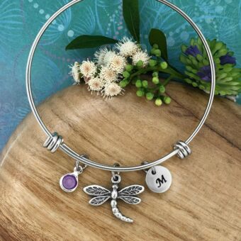 Dragonfly Adjustable Bracelet with Personalised Crystal Birthstone and Initial