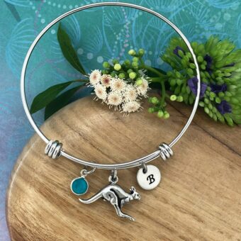 Kangaroo Adjustable Bangle Bracelet with Optional Crystal Birthstone and Hand Stamped Initial