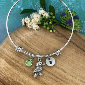 Kookaburra Adjustable Bangle Bracelet with optional Crystal Birthstone & Personalised Hand Stamped Initial