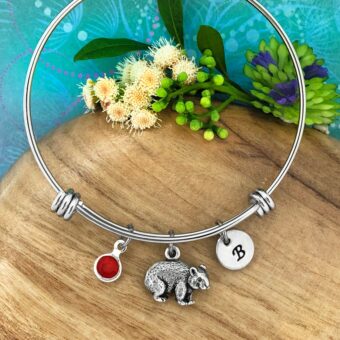 Wombat Adjustable Bangle with Optional Crystal Birthstone & Hand Stamped Initial