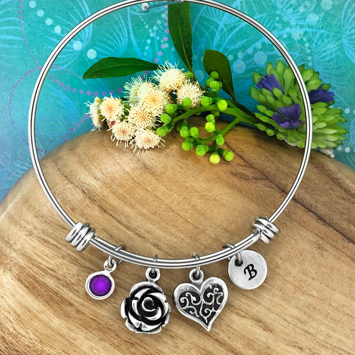 Heart & Rose Adjustable Bangle Bracelet with Optional Crystal Birthstone & Hand Stamped Initial