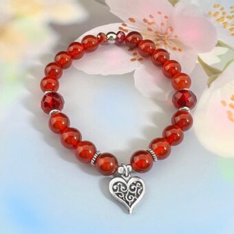 Red Carnelian Beaded Bracelet with Love Heart Charm
