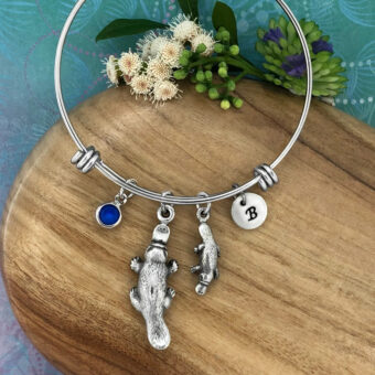 Platypus Mother & Baby Adjustable Bangle Charm Bracelet with optional Initial Disc and Crystal Birthstone