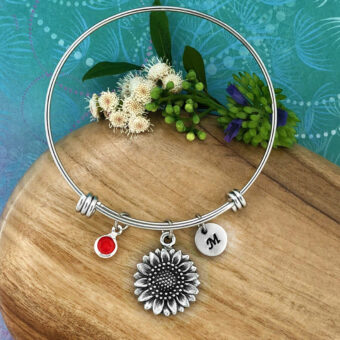 Sunflower Adjustable Bangle with Optional Crystal Birthstone & Hand Stamped Initial