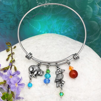 Wombat Kookaburra Adjustable Bangle Bracelet, Gemstone & Crystals, Australian Made Souvenir Gift
