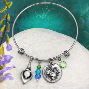Frog & Lily Pearl, Adjustable Bangle Bracelet, Blue Green Crystals & Drop