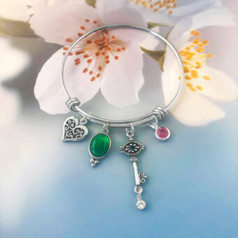 Heart & Key Adjustable Bangle Bracelet, Green Agate, Crystal Drops in Pink & Clear