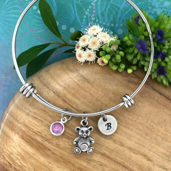 Teddy Bear Adjustable Bangle Bracelet with optional Crystal Birthstone & Personalised Hand Stamped Initial