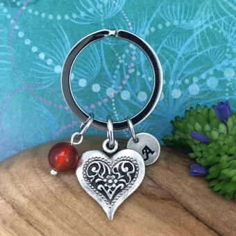 Heart Floral Design Keyring with Optional Personalised Initial Charm & Optional Natural Gemstone Charm