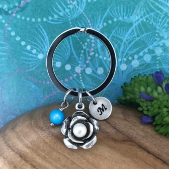 Rose Keyring with Freshwater Pearl, Personalised Initial Charm & Optional Natural Gemstone Charm