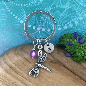 Dragonfly Keyring with Optional Personalised Initial Charm & Optional Natural Gemstone Charm