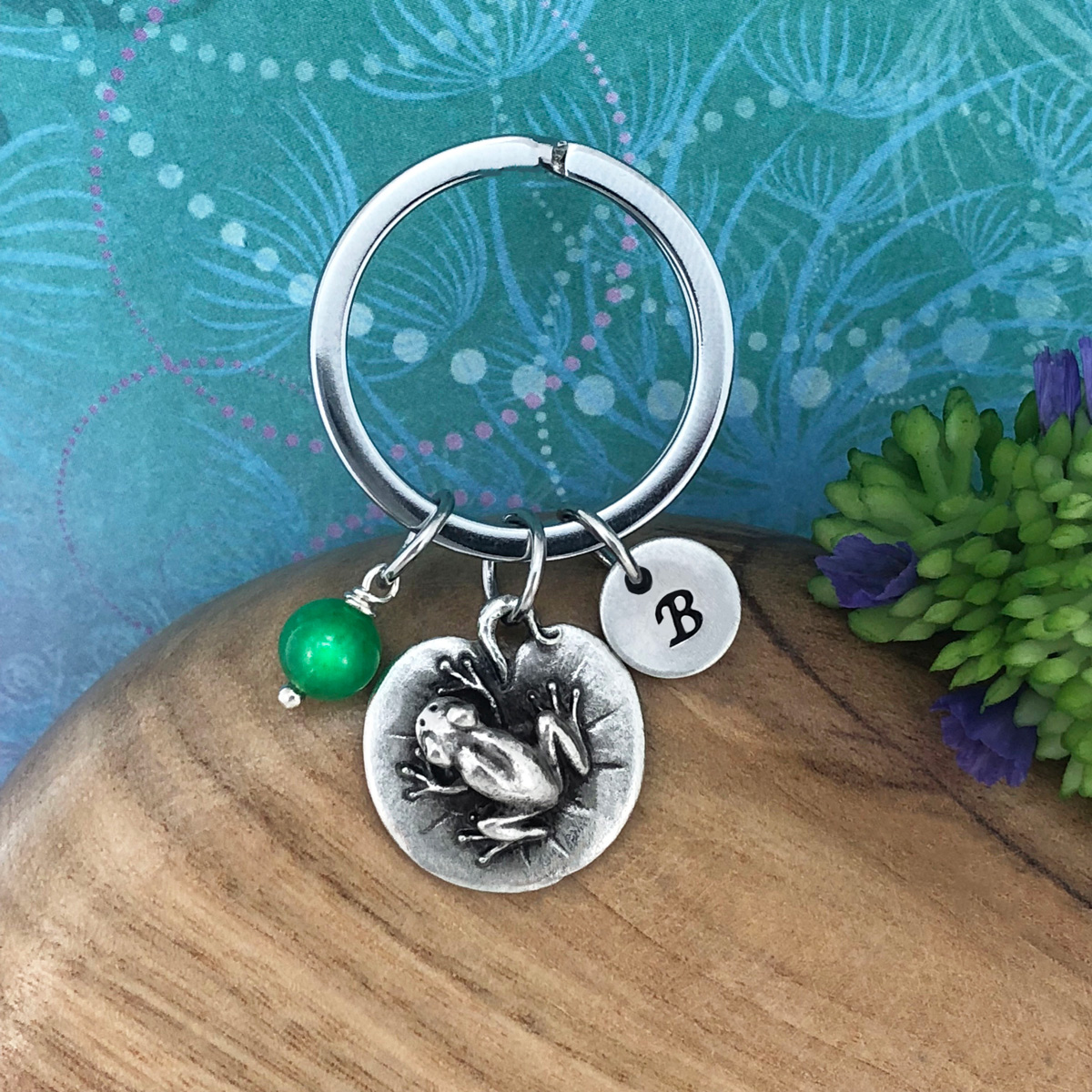 Frog Keyring with Optional Personalised Initial Charm & Optional Natural Gemstone Charm