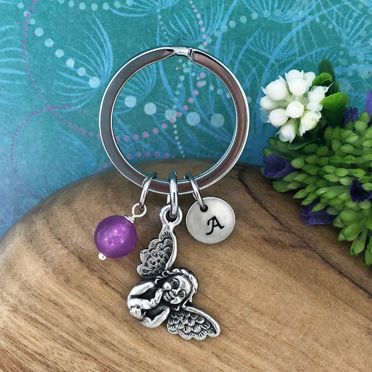 Angel Keyring with Optional Personalised Initial Charm & Optional Natural Gemstone Charm