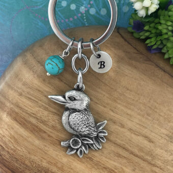 Kookaburra Keyring with Optional Personalised Initial Charm & Optional Natural Gemstone Charm