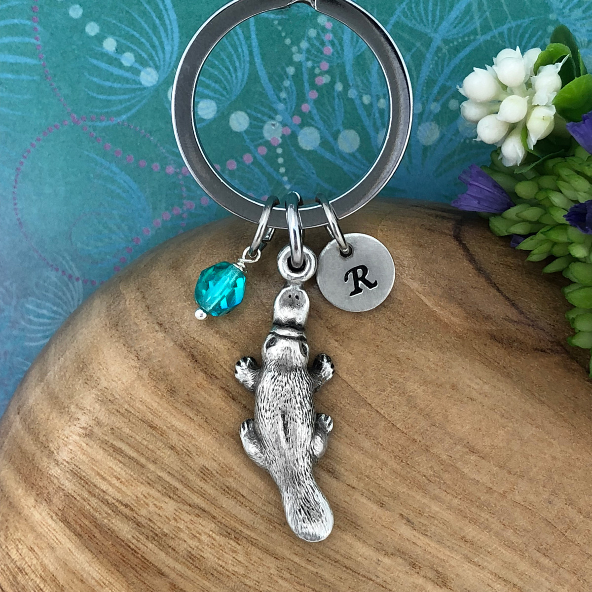 Platypus Keyring with Optional Personalised Initial Charm & Optional Natural Gemstone Charm