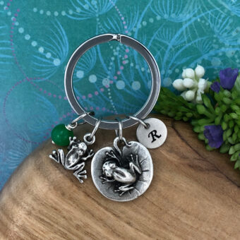Mother & Baby Frog Keyring with Optional Personalised Initial Charm & Optional Natural Gemstone Charm