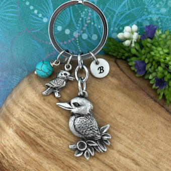 Mother & Baby Kookaburra Keyring with Optional Personalised Initial Charm & Optional Natural Gemstone Charm