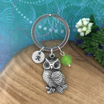 Owl Keyring with Optional Personalised Initial Charm & Optional Natural Gemstone Charm