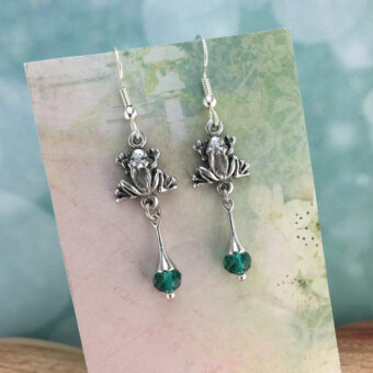 Frog Earrings, Green Crystal