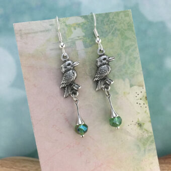 Kookaburra Australian Souvenir Earrings, Green Crystal