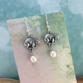 Wombat Australian Souvenir Earrings, Freshwater Pearl Drop