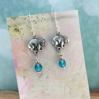 Wombat Australian Souvenir Earrings, Blue Crystal