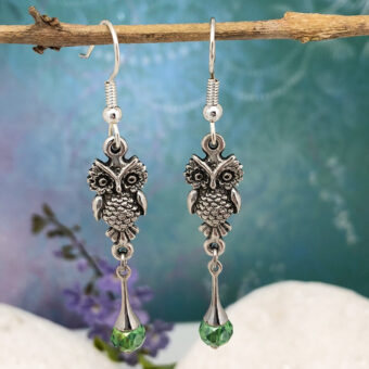 Owl Earrings, Green Crystal
