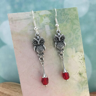 Owl Earrings, Red Crystal
