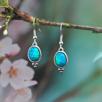 Opal Earrings, Oval Cabochons, Blue Fire Created Opal