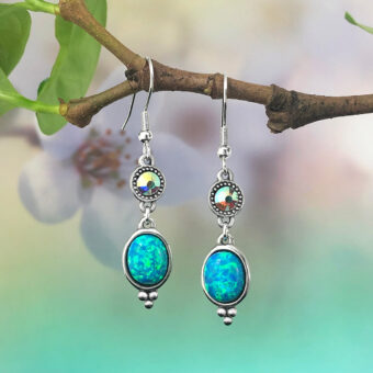 Opal Earrings, Clear Swarovski Crystal & Blue Fire Created Opal
