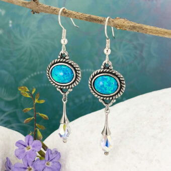 Opal Earrings, Crystal Flutes, Blue Fire Created Opal