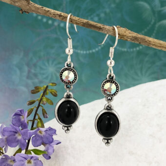 Black Onyx Oval Earrings, Swarovski Clear AB Crystal