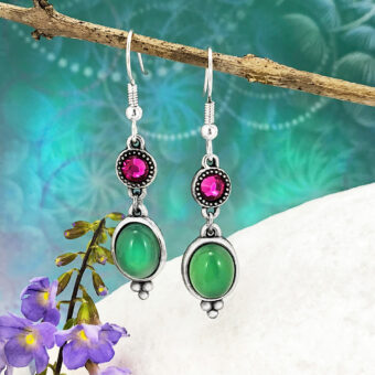 Green Agate Oval Earrings, Fuchsia Swarovski Crystals