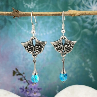 Comedy & Tragedy Drama Mask Earrings, Blue Crystals