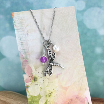 Dragonfly Necklace, Freshwater Pearl and Fuchsia Jade