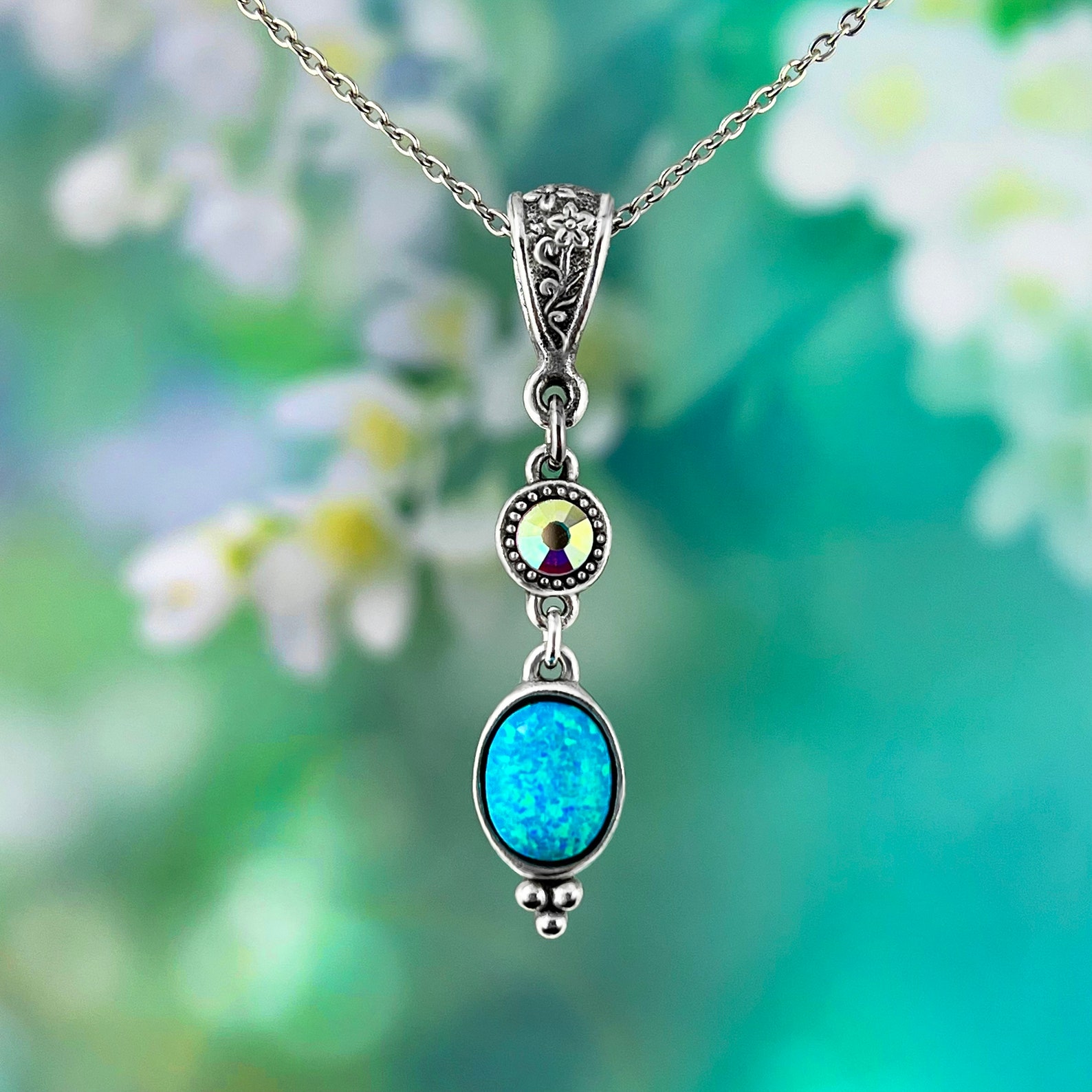 Blue Fire Opal Personalised Necklace with Swarovski Birthstone B