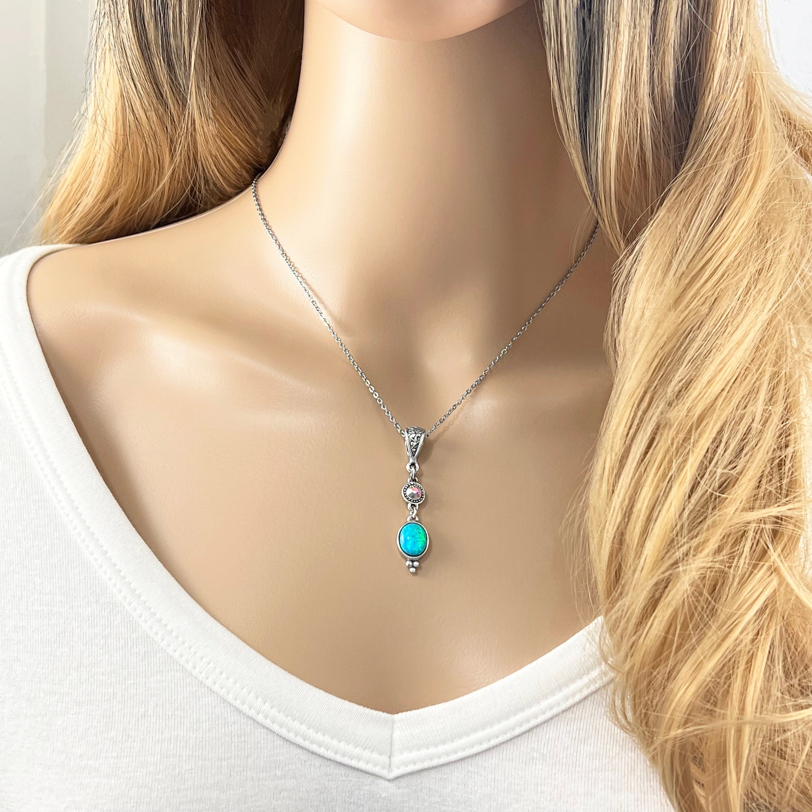Blue Fire Opal Personalised Necklace with Swarovski Birthstone B - Image 2
