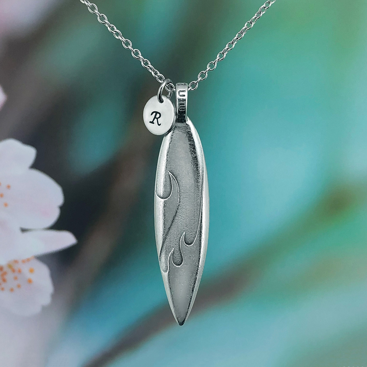 Modern Surfboard Larger Long Necklace with optional Initial Disc