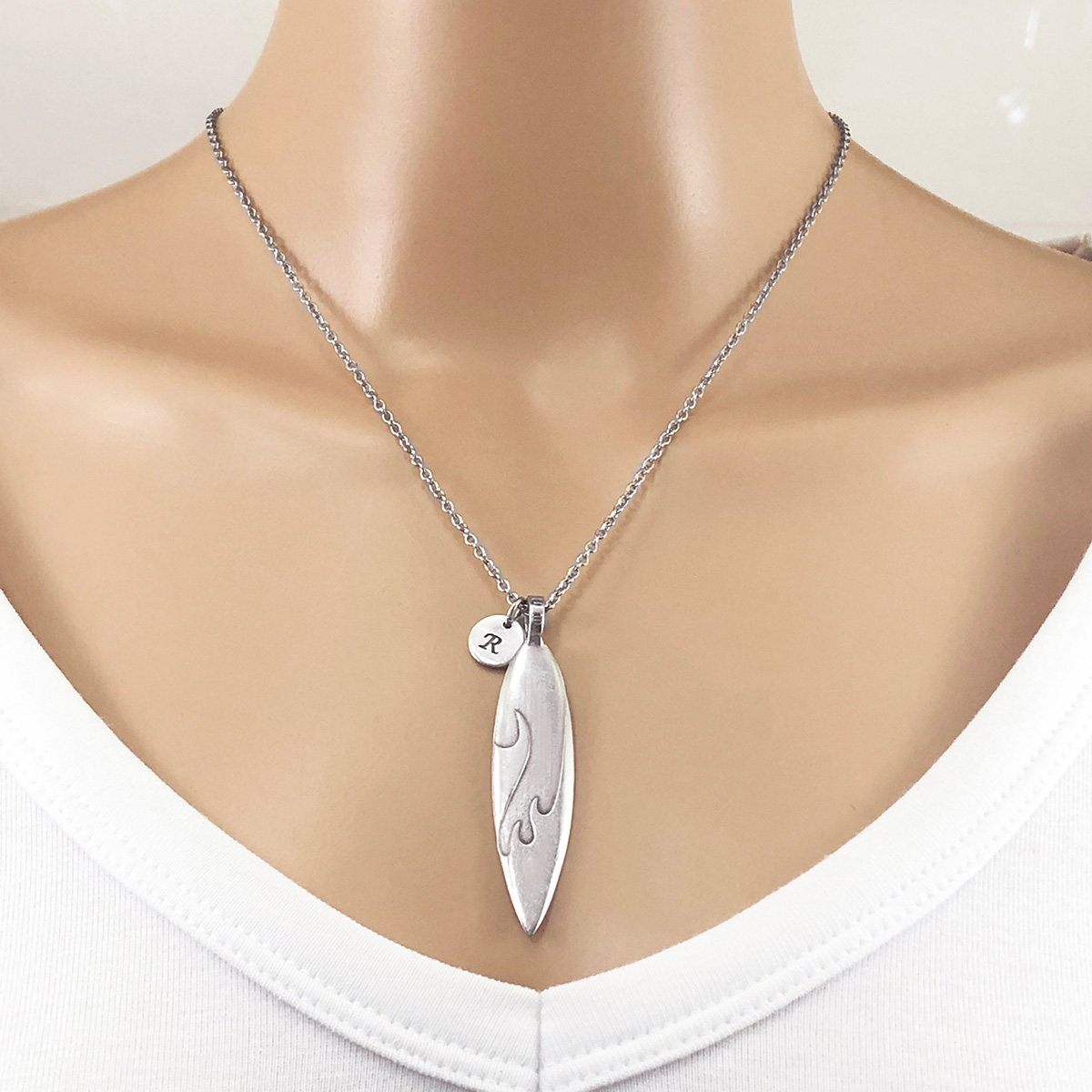 Modern Surfboard Larger Long Necklace with optional Initial Disc - Image 2