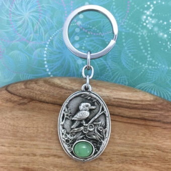 Kookaburra Australian Souvenir Keyring in Nature Setting with Green Agate