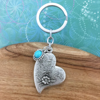 Heart and Flowers Keyring with Turquoise Magnesite Charm