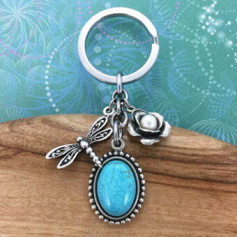 Dragonfly Keyring Turquoise Magnesite Pendant & Rose Freshwater Pearl Charm