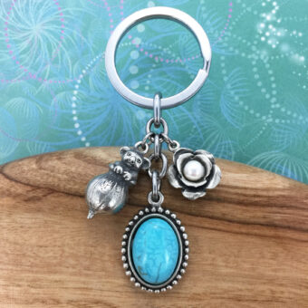 Gumnut Baby Koala Australian Souvenir Keyring with Turquoise Magnesite Pendant & Rose Freshwater Pearl Charm