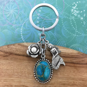 Mermaid Keyring Charm with Blue Ocean Jasper Pendant & Rose Freshwater Pearl Charm