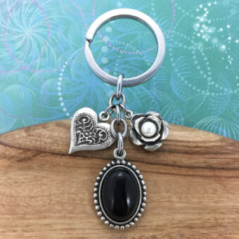 Heart Keyring Charm with Black Onyx Pendant & Rose Freshwater Pearl Charm