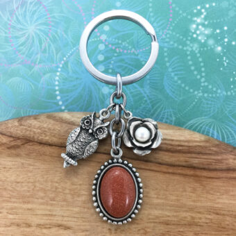 Owl Keyring Charm with Gold Stone Pendant & Rose Freshwater Pearl Charm