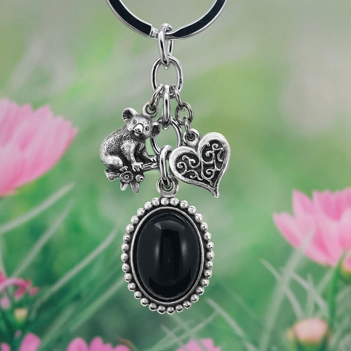 Koala & Heart Charms Keyring With Black Onyx Pendant
