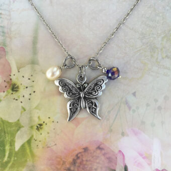 Butterfly Necklace, Freshwater Pearl and Blue Crystal