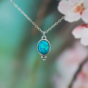 Opal Pendant, Oval Cabochon, Blue Fire Created Opal